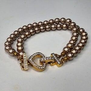 Double Strand Champagne Faux Pearl Bracelet Rhinestone Heart Foldover Clasp 7.5"